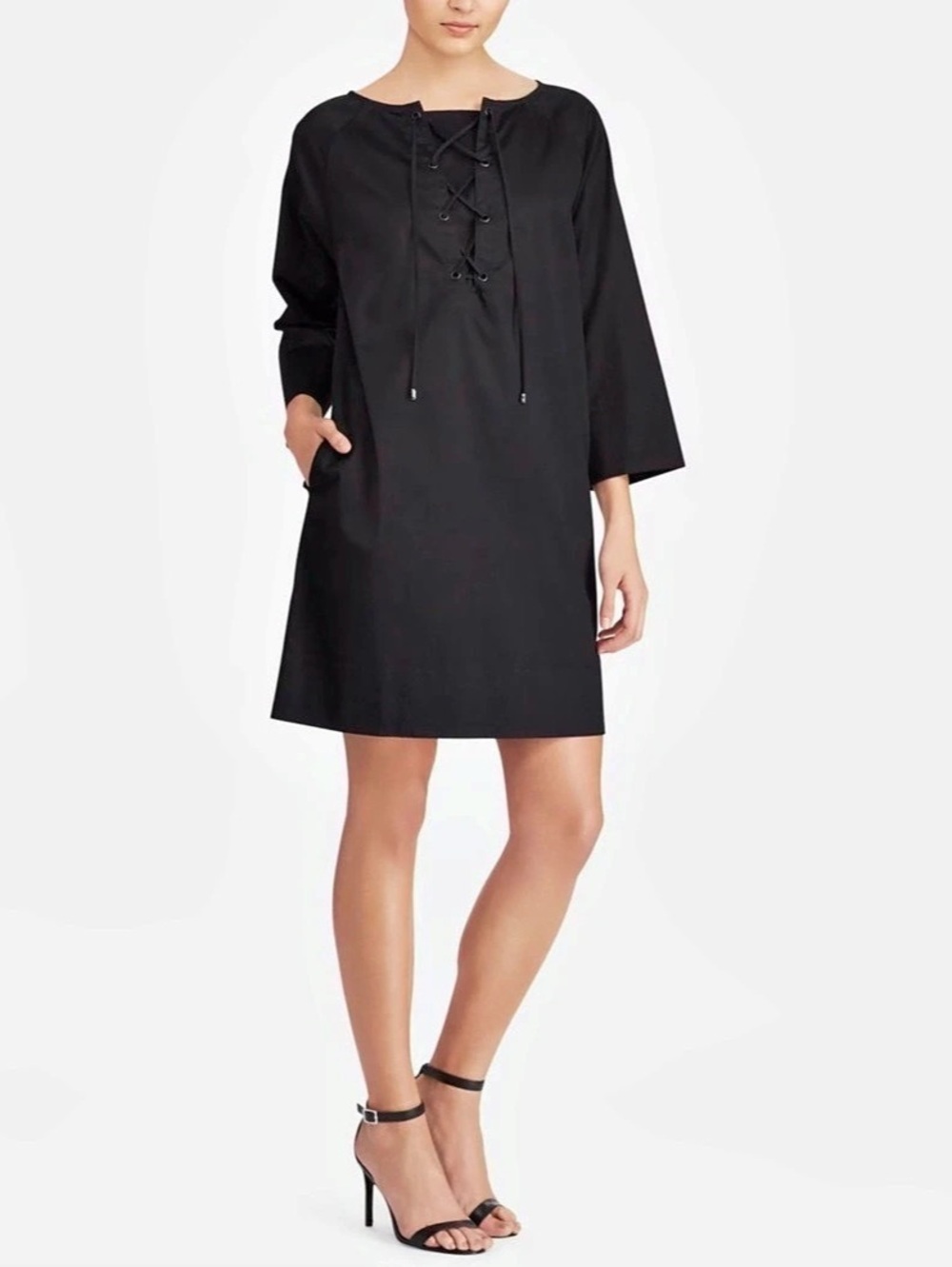 Lauren Ralph Lauren Lace-Up-Trim Cotton-Blend Shirtdress Black Medium